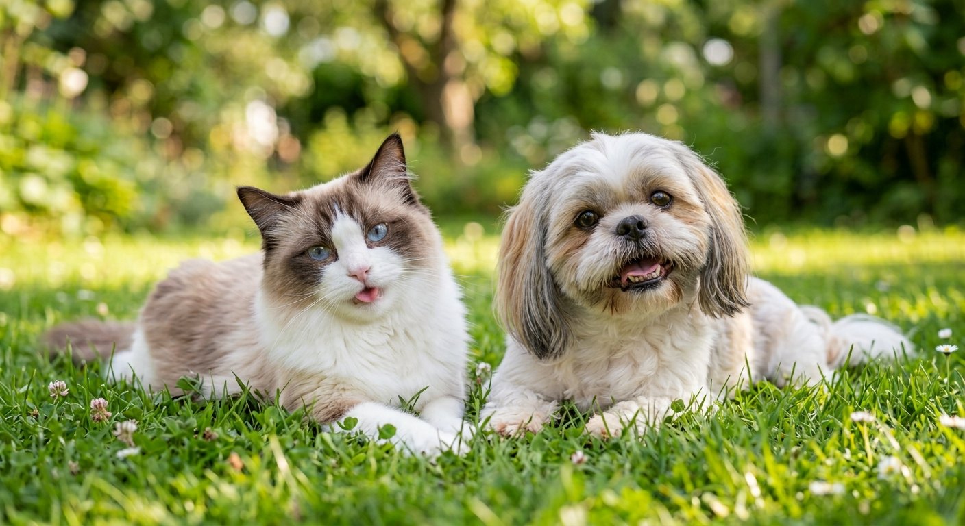 布偶猫与西施犬悠然憩于绿茵草坪——The Twin Tower 的宠物友好氛围